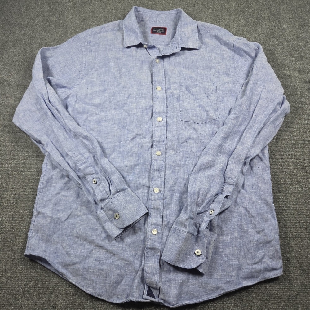UNTUCKit Mens Large Slim Fit Blue Linen Long Sleeve Button Up Wrinkle Resistant